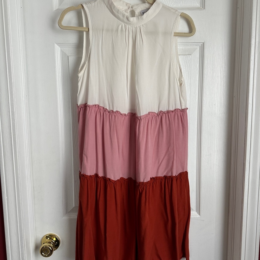 White, Pink and Orange Color Block Tiered Sundress with High Neck